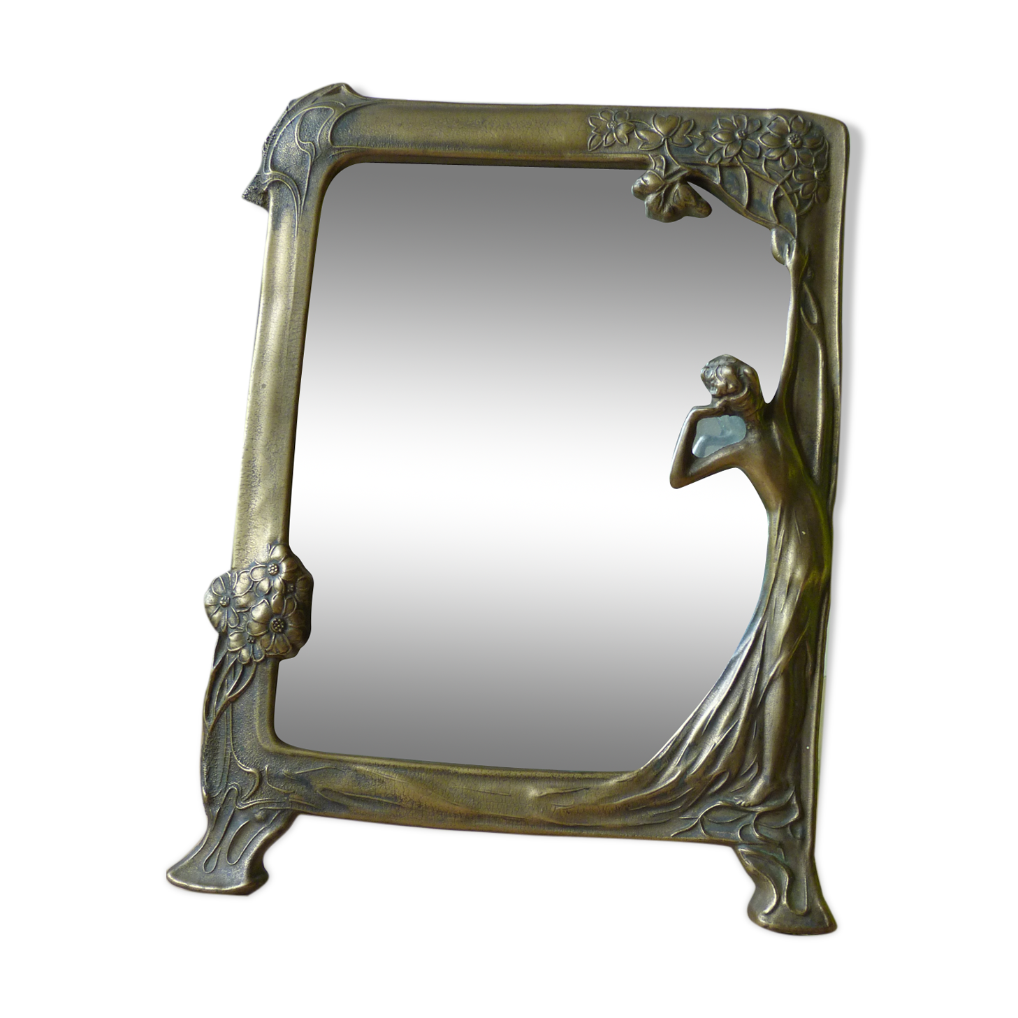 Mirror Art Nouveau 1900 gilded brass nymph decor 22,5 X 18cm
