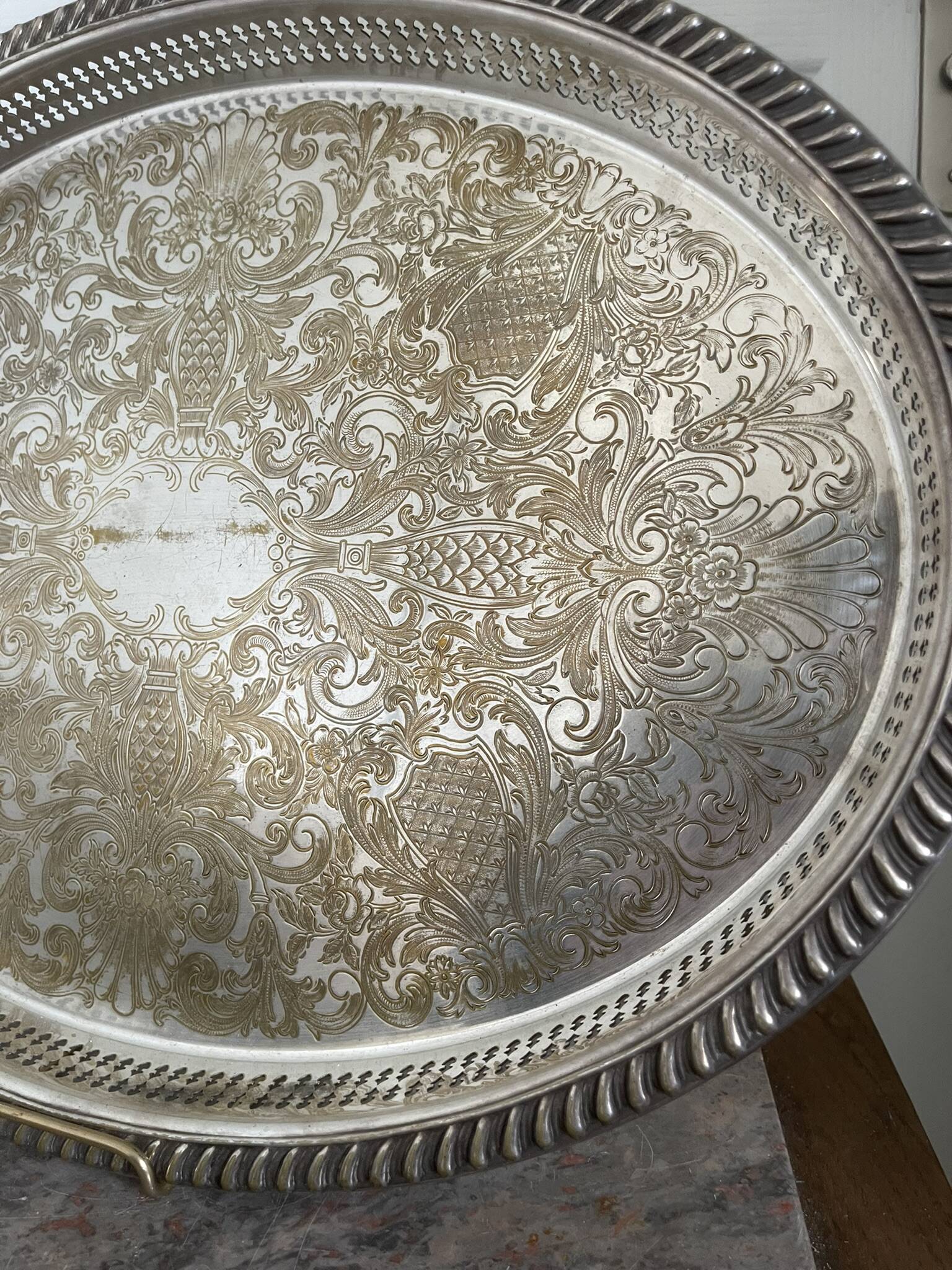 Vintage Silver Metal Tray Floral Rococo Pattern 55x40cm 1970