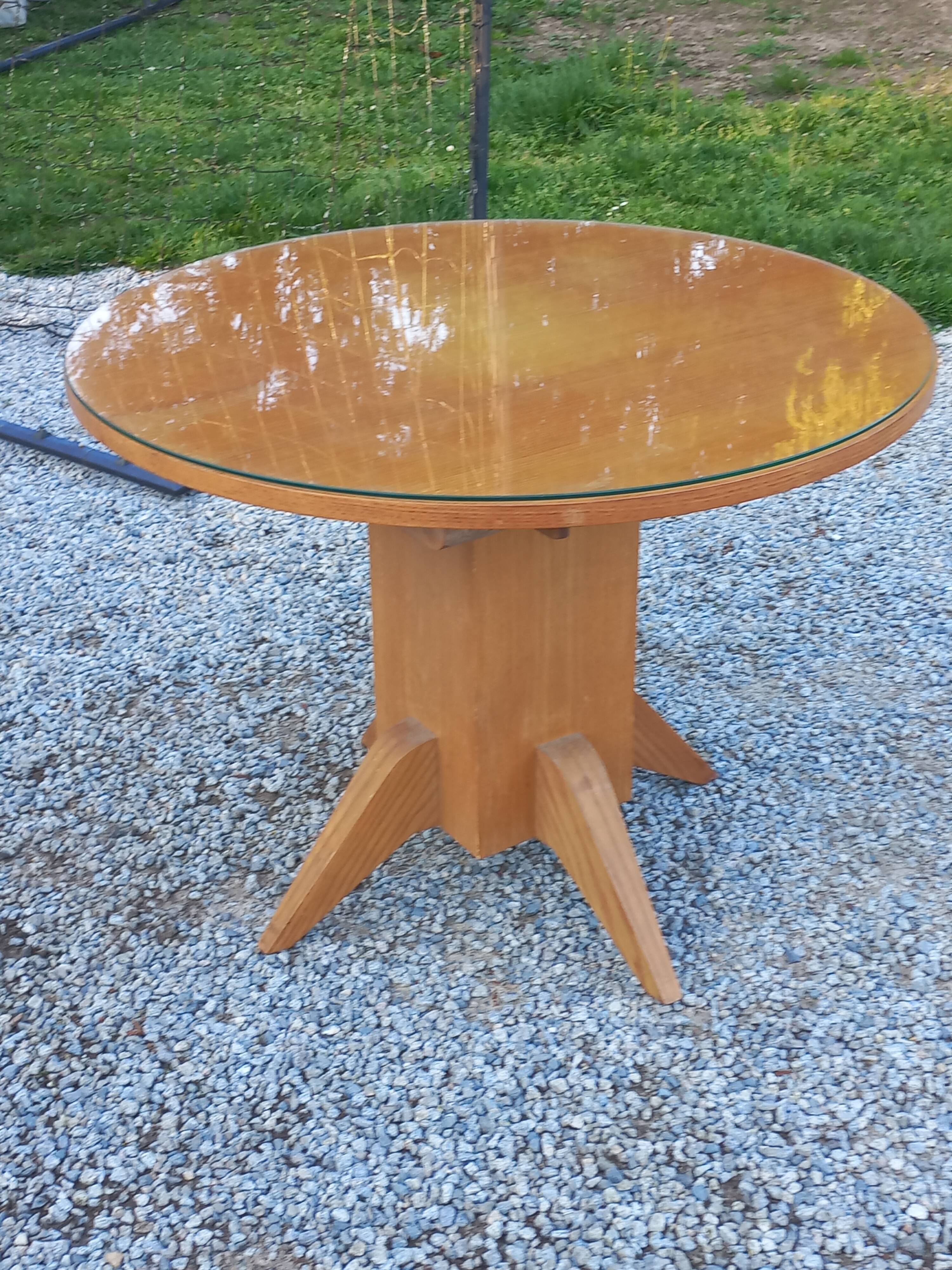 1950s round oak table, 2 heights, central quadripod leg