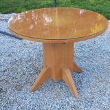 1950s round oak table, 2 heights, central quadripod leg