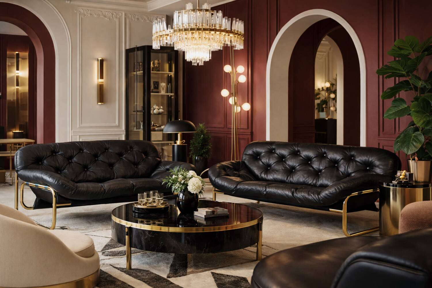 Vintage Mid-Century Scandinavian Modern Glamour Leather Black & Gold Sofa