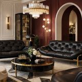 Vintage Mid-Century Scandinavian Modern Glamour Leather Black & Gold Sofa