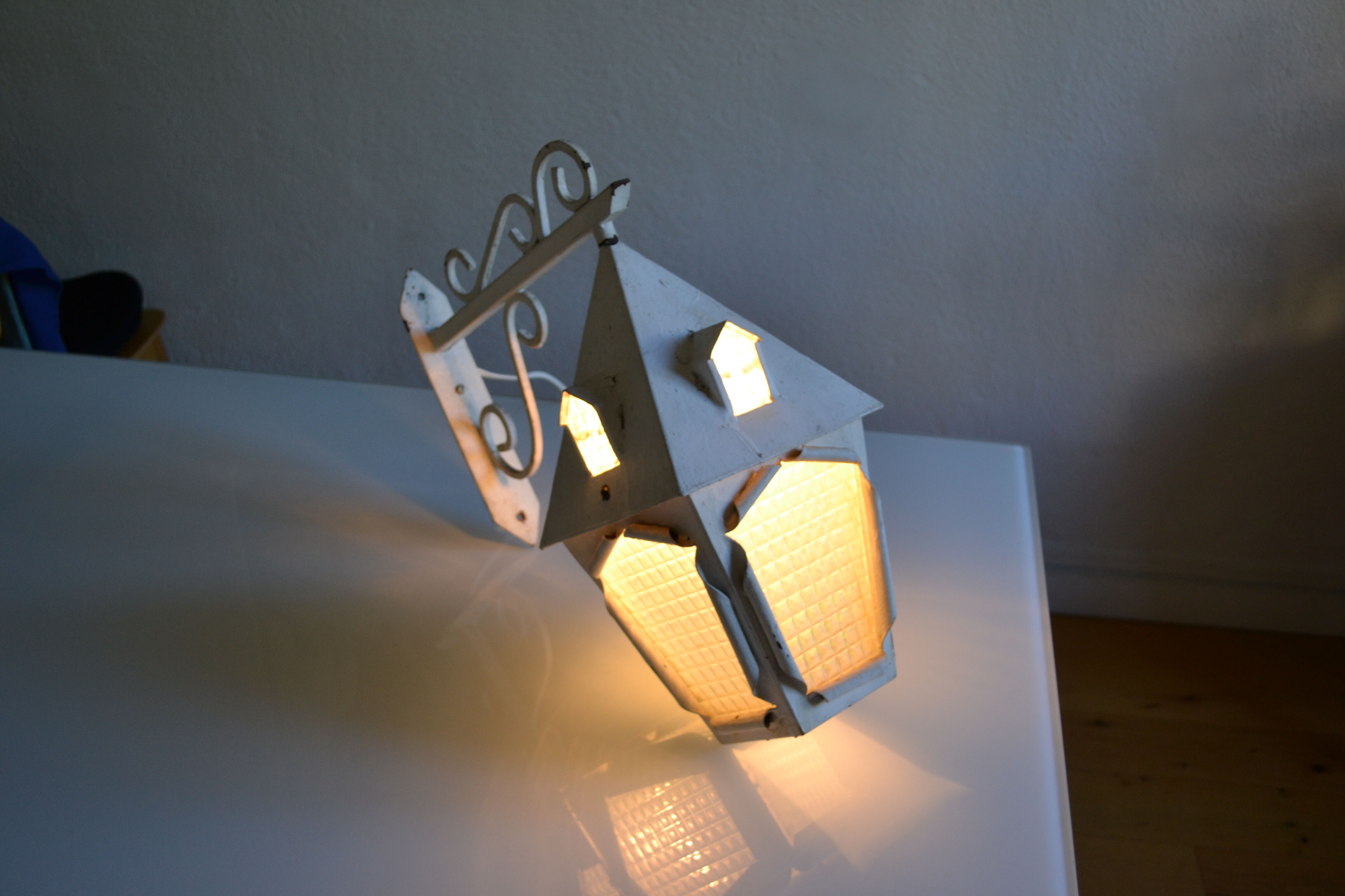Vintage 1950 wall lamp lantern in wrought iron and glass