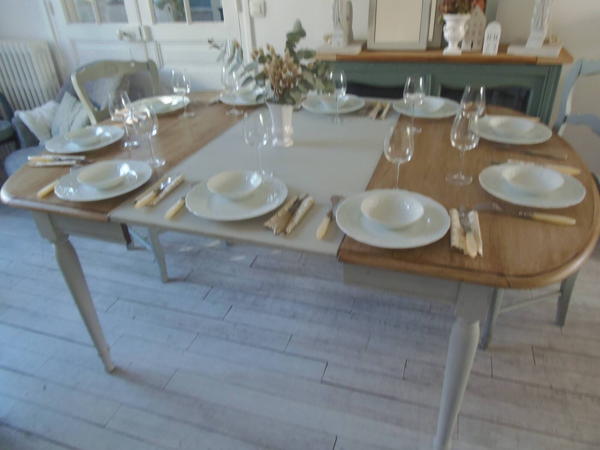 Flap table, pearl gray patinated base, medium oak waxed top.