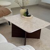 Rectangular coffee table in travertine and dark oak.
