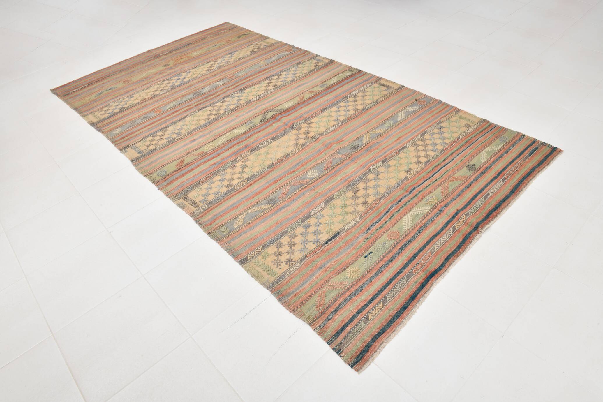 Tapis Kilim en laine tissé main, tons terreux doux, 6 x 11 cm, 169 x 321 cm