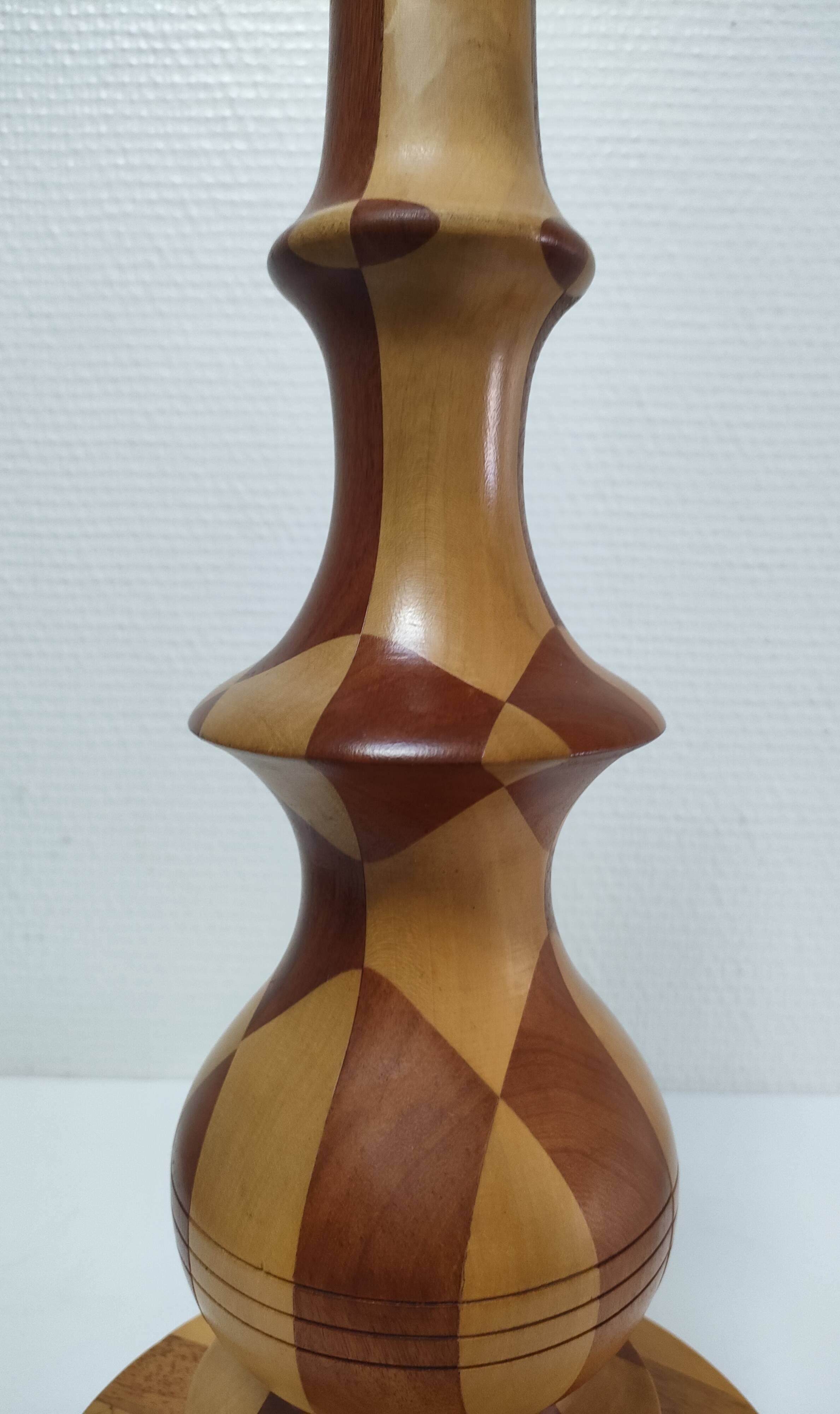 Turned wooden lamp and vintage wood inlay