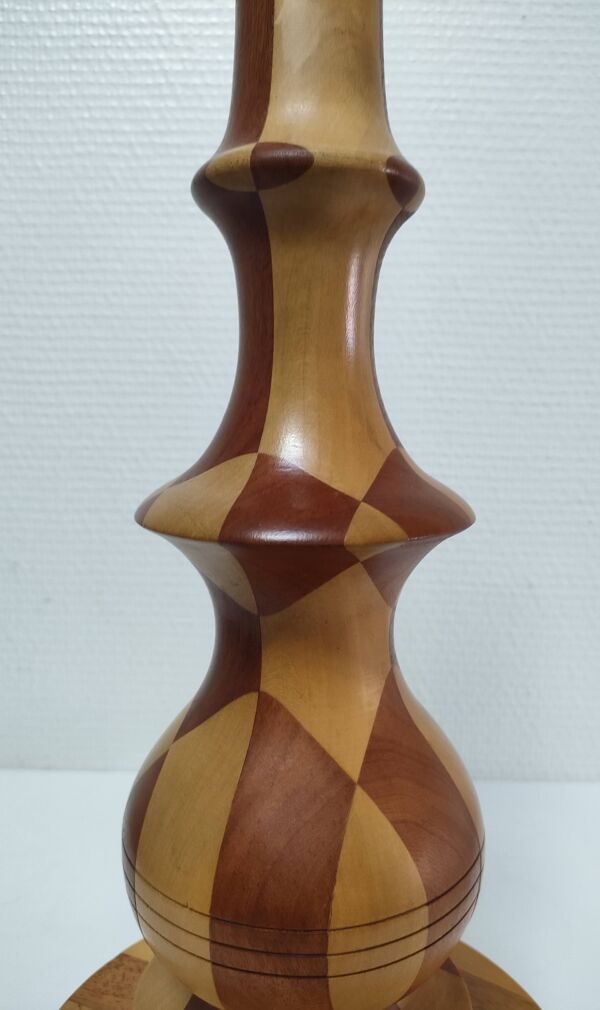Lampe en bois tourné et incrustation de bois vintage