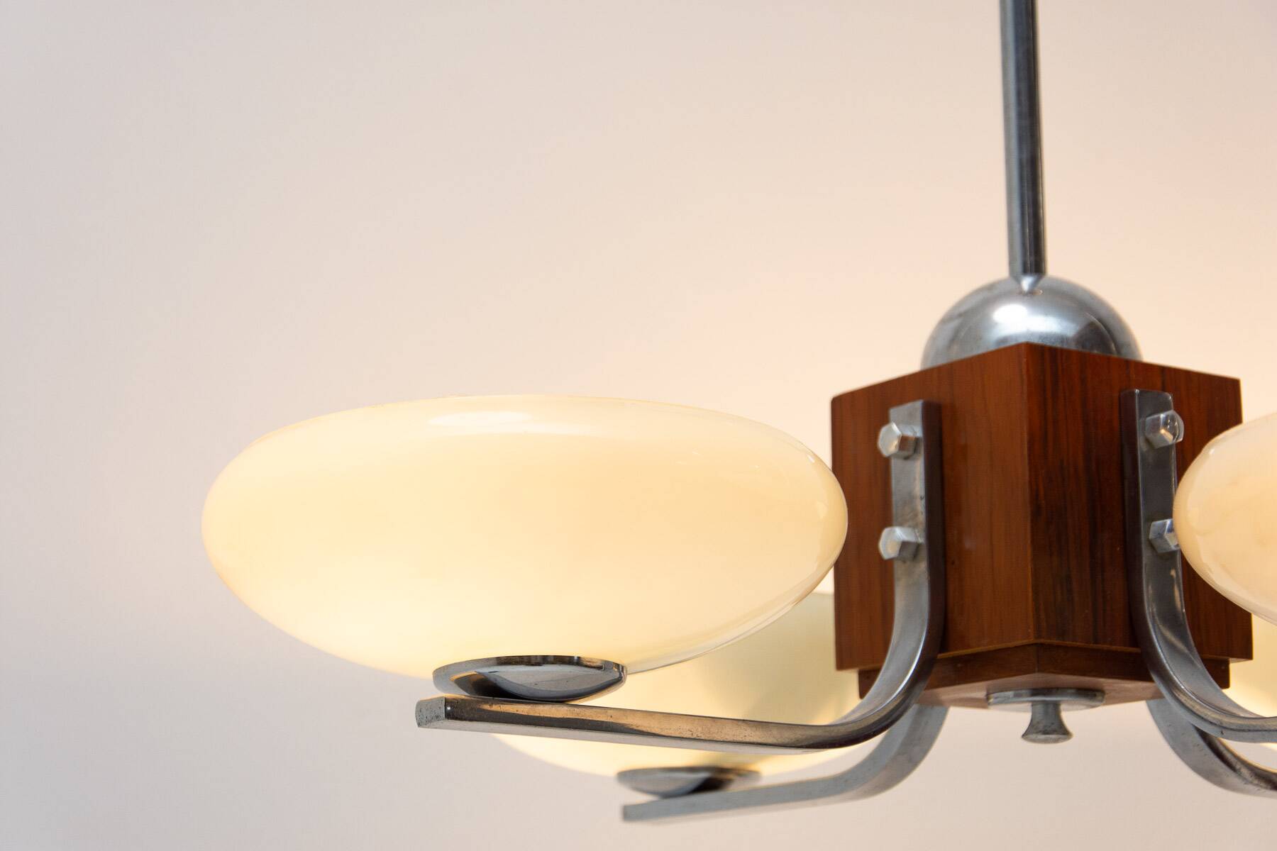 chrome and wood art deco pendant chandelier, circa 1930´s, bohemia