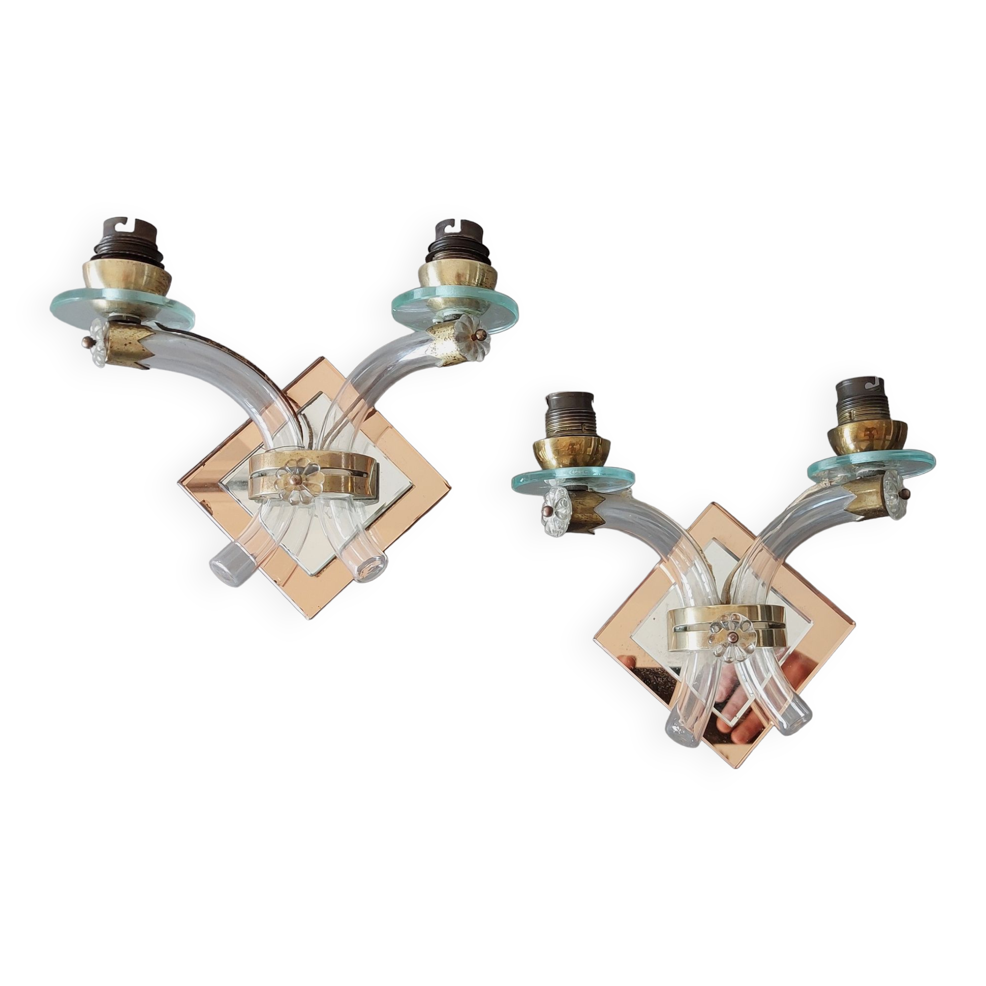 Pair of sconces in crystal, brass and mirror glasses, Italy 1940/1950.