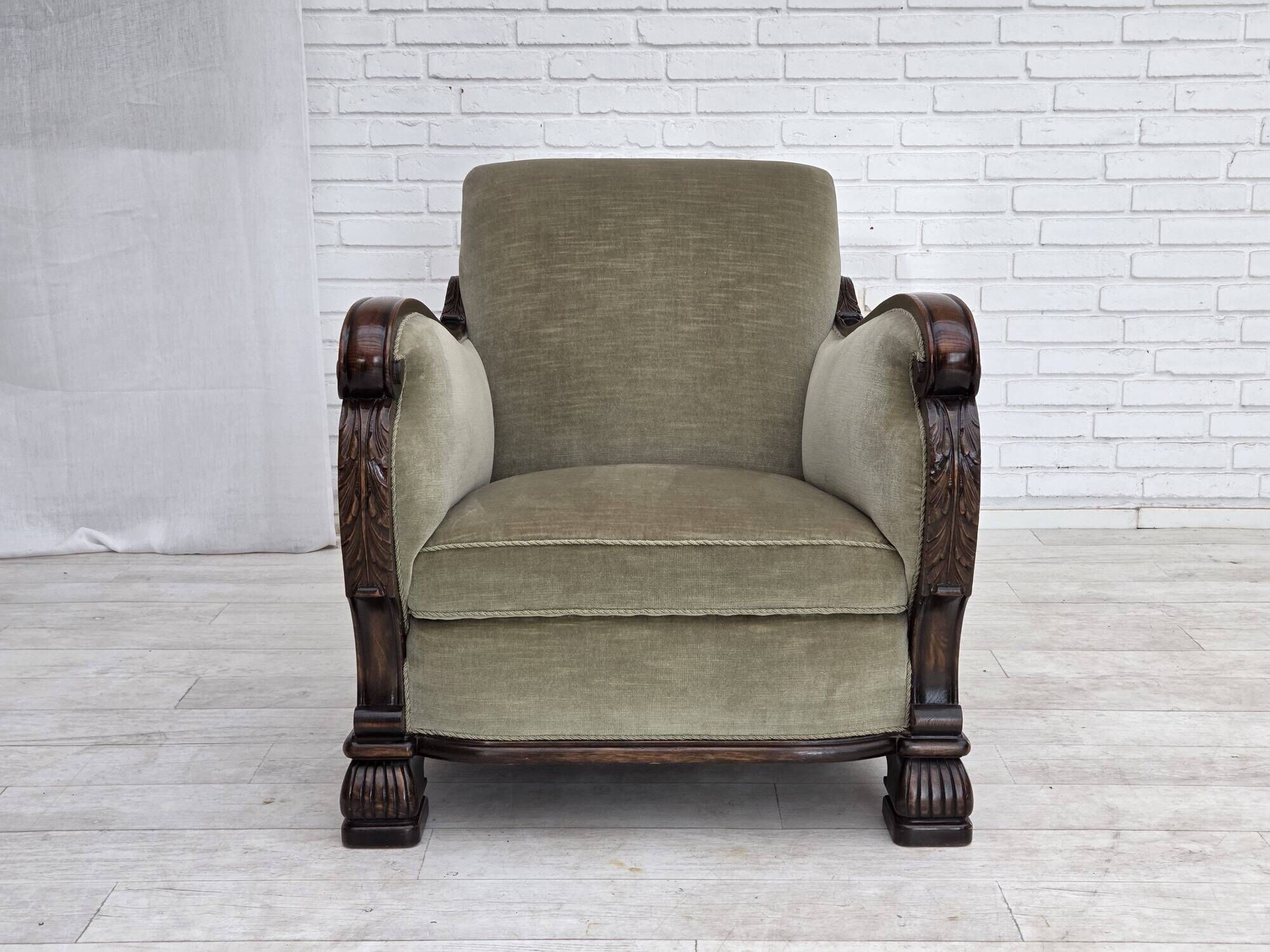 1950s, Danish relax armchair, furniture velour, carved oak wood.