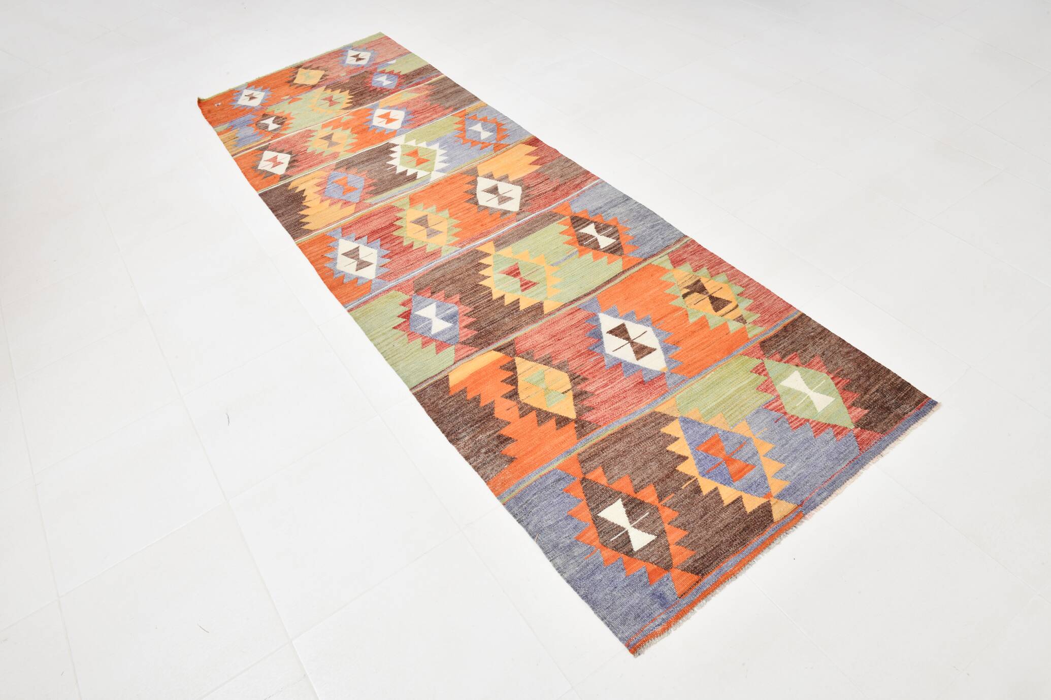 3x10 Geometric Multicolor Turkish Kilim Runner Rug,Rug For Hallway,95x295Cm