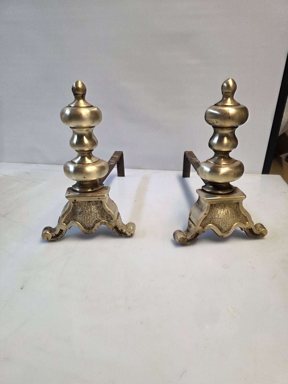 Pair of antique brass andirons, Louis XV style