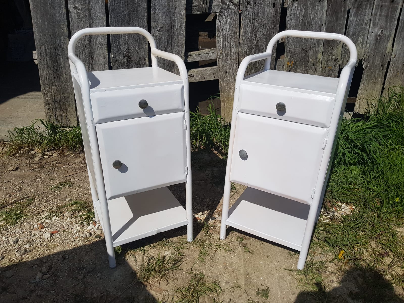 Pair Old Chevet Table De Nuit Internat Caisson - Vintage White Metal Drawer