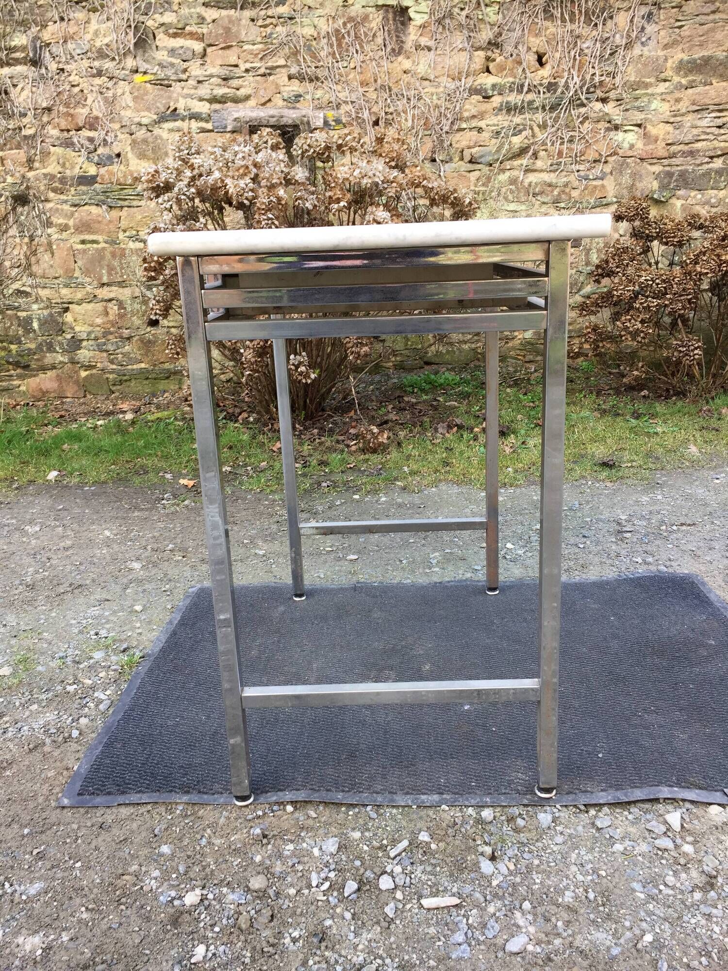 Vintage table with square chrome tubular metal base and marble top with 1 drawer.
