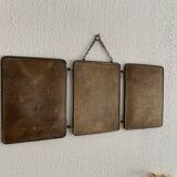 Vintage 1930s barber's triptych mirror, crystal, faux leather, gold - 25 x 59 cm