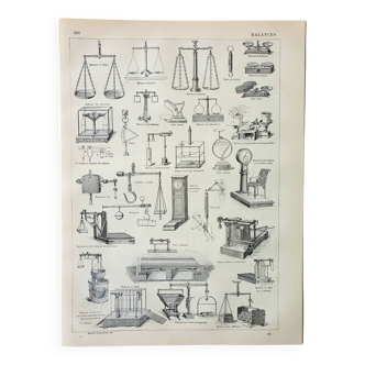 Gravure ancienne 1898, Balance ancienne, bascule • Lithographie, Planche originale
