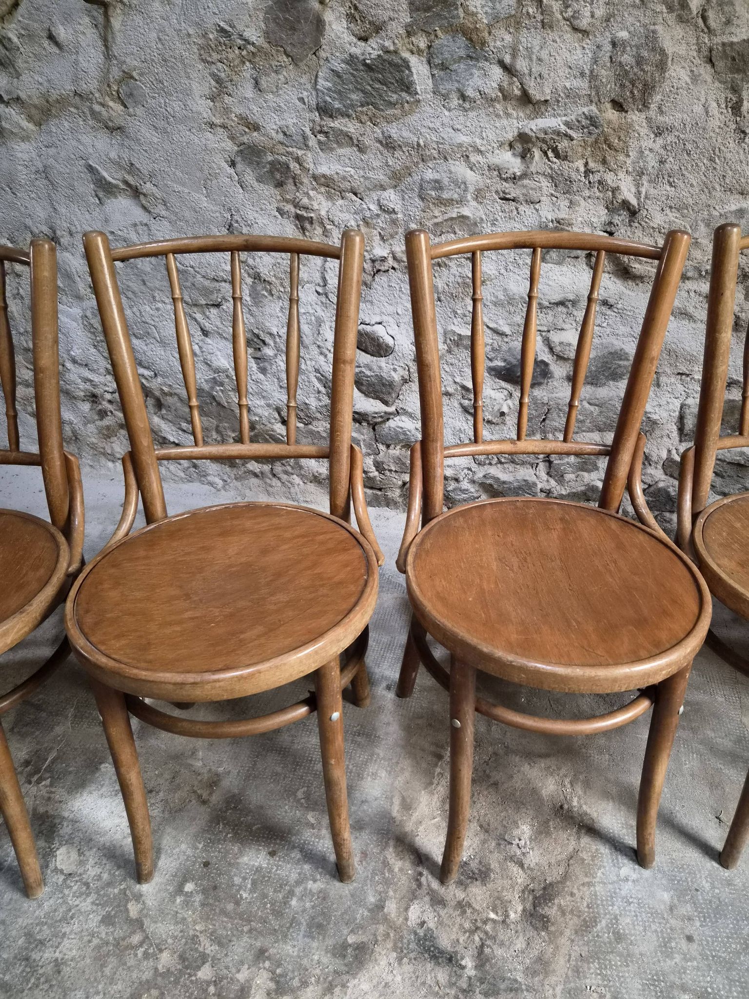 Set of 6 Fischel bentwood bistro chairs, Czechoslovakia, circa 1930–1950.