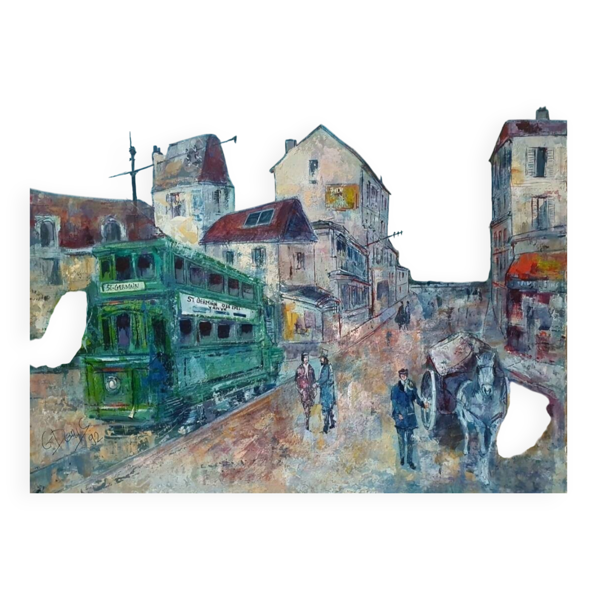 Tableau ancien rue animée à Saint Germain, signé G. Denis