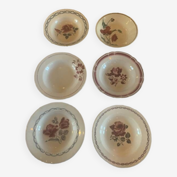 6 soup plates, mismatched, and flower pattern, in old earthenware
