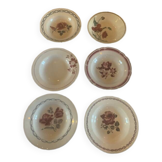 6 soup plates, mismatched, and flower pattern, in old earthenware