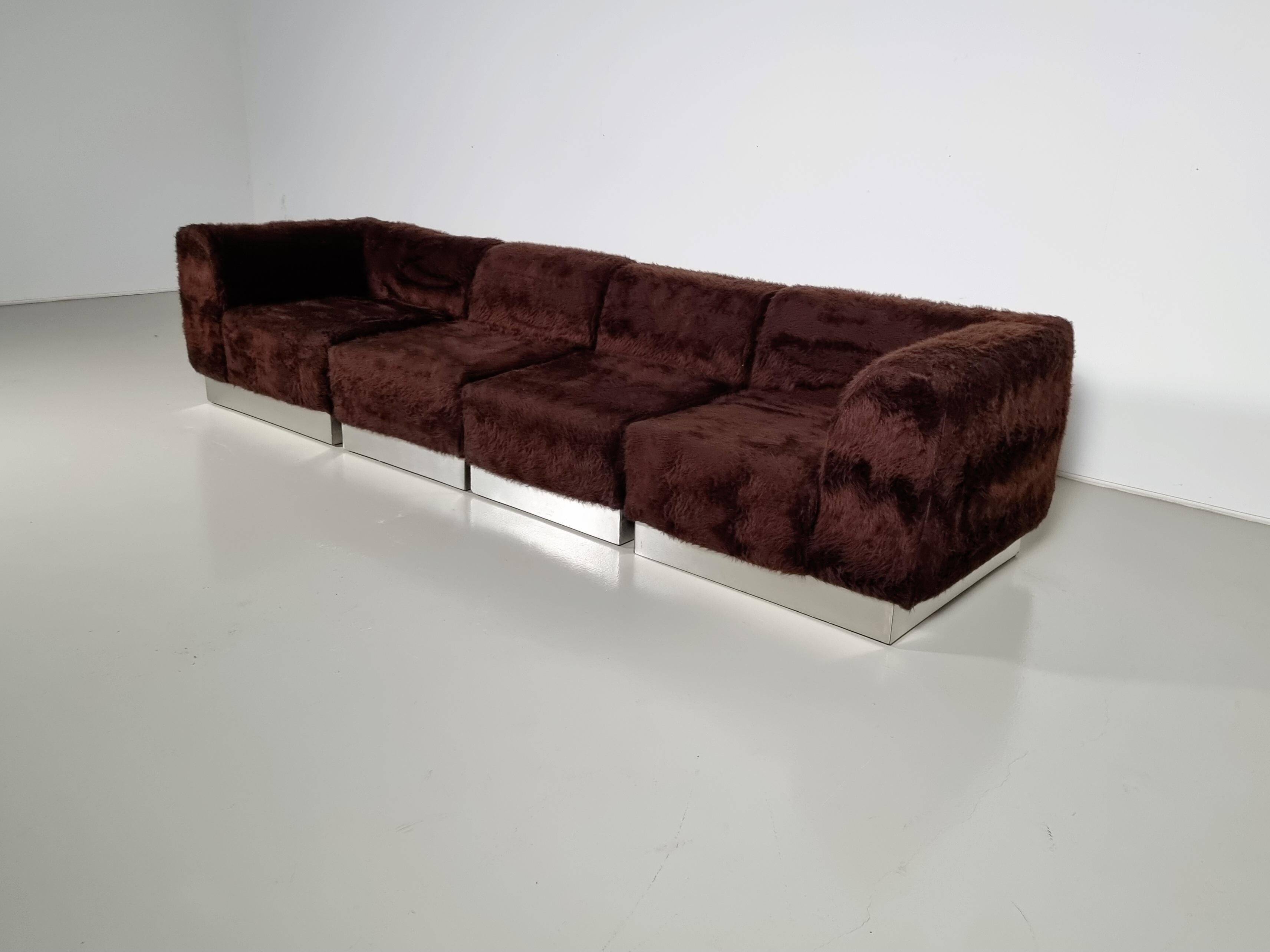 Vintage Italian chrome sectional sofa with faux fur, 1970s.