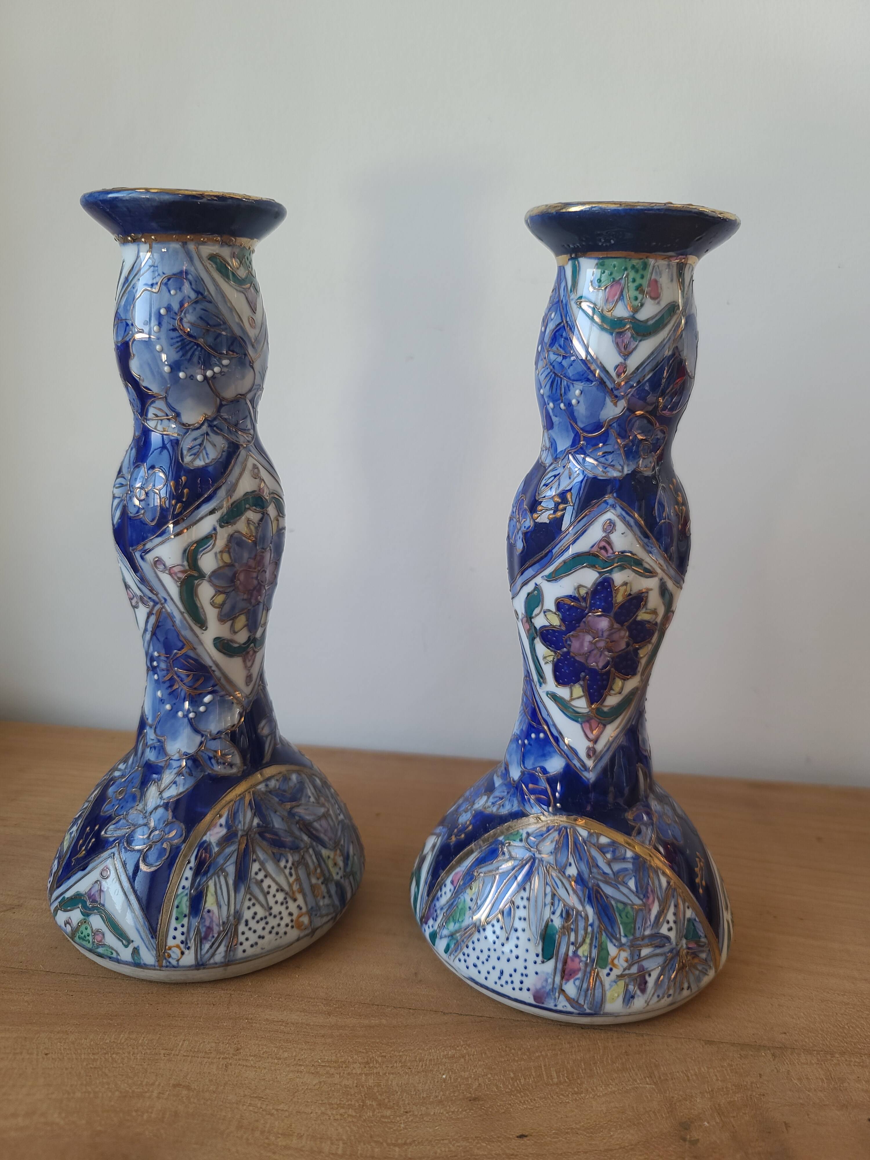 Vintage-style blue and gold floral ceramic candlesticks CHMR