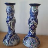 Vintage-style blue and gold floral ceramic candlesticks CHMR