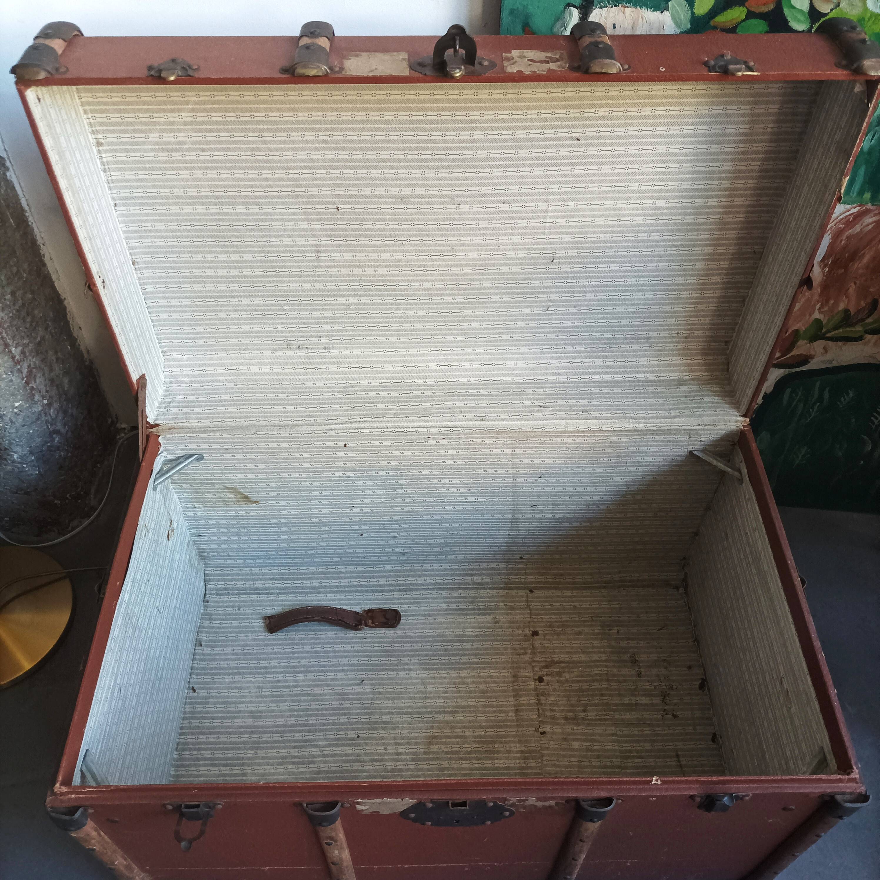 Large antique wooden travel trunk