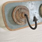 Antique teak coat rack with 3 wrought iron hooks