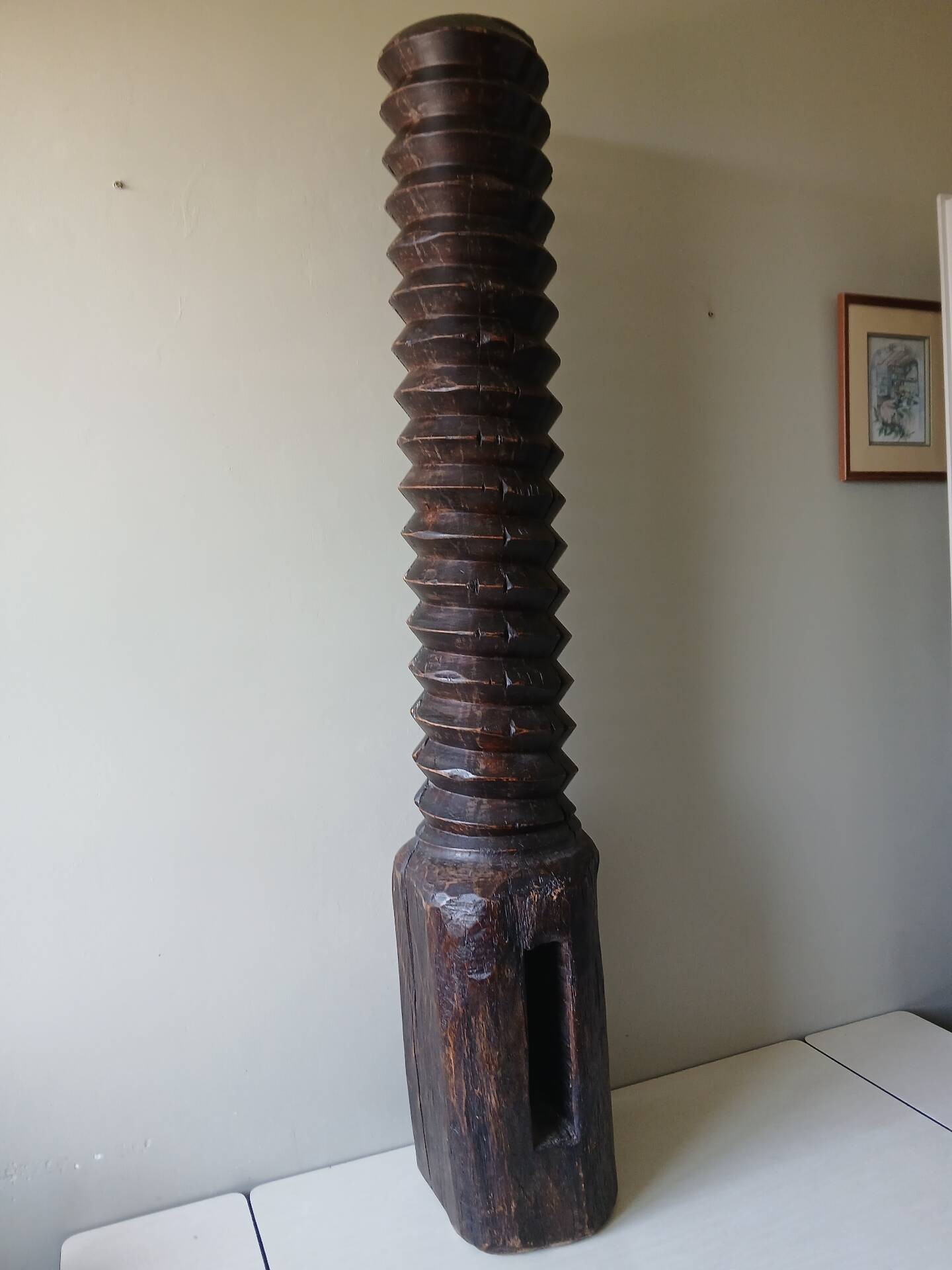 Old solid wood wine press screw, H 144 cm, Weight 37.5 kg
