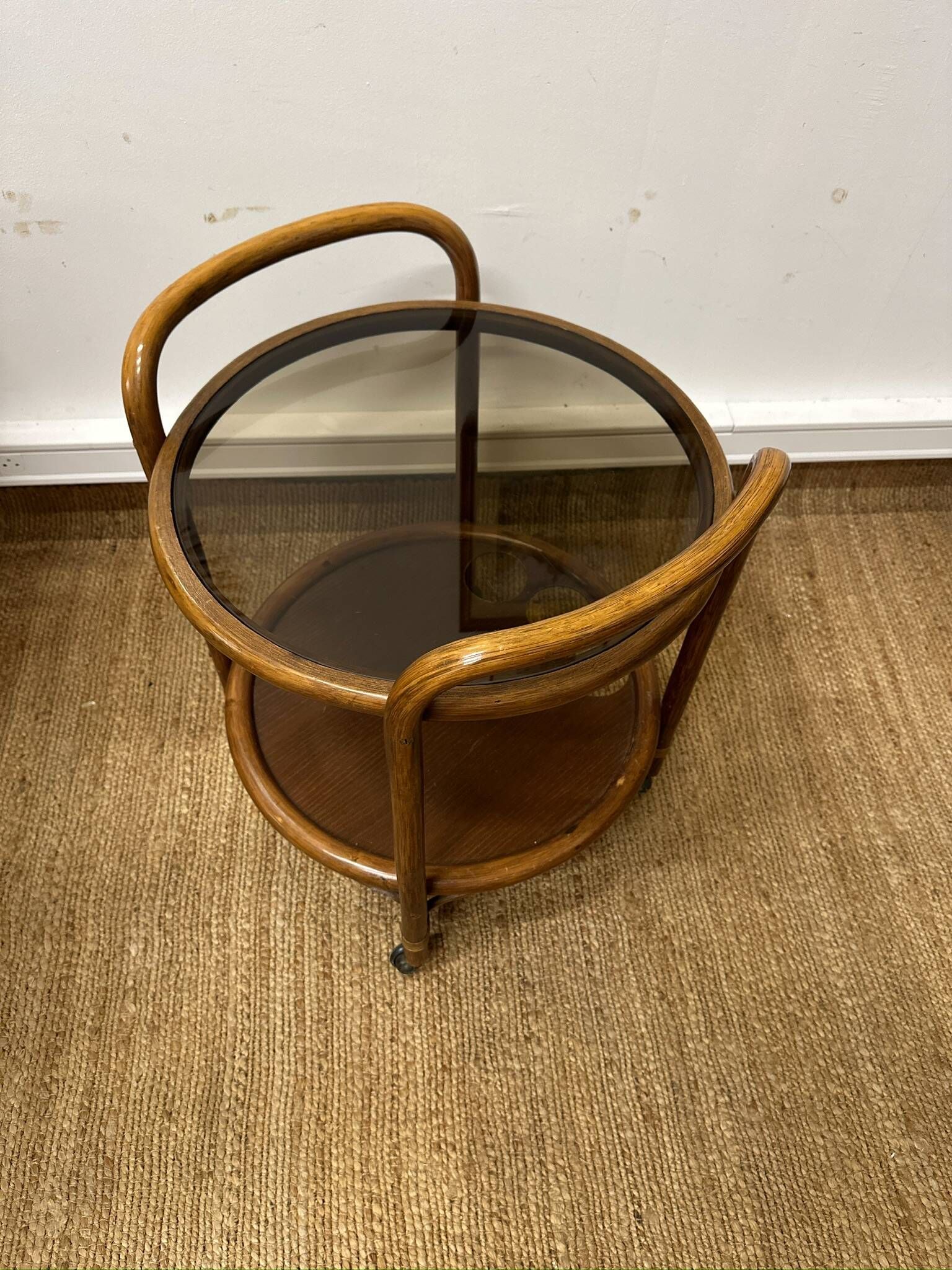 Vintage curved wooden rolling dessert trolley – smoked glass top