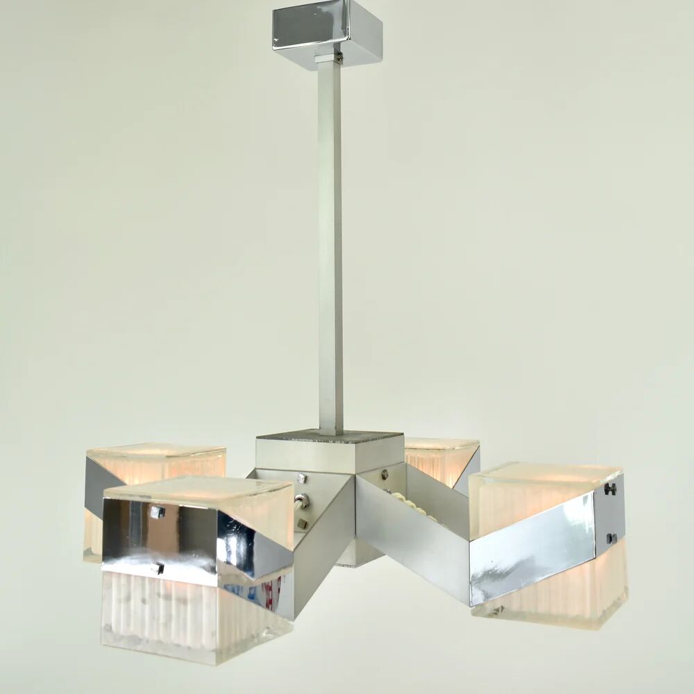 1970s Cubist Chandelier Chrome Glass Mid Century Modern