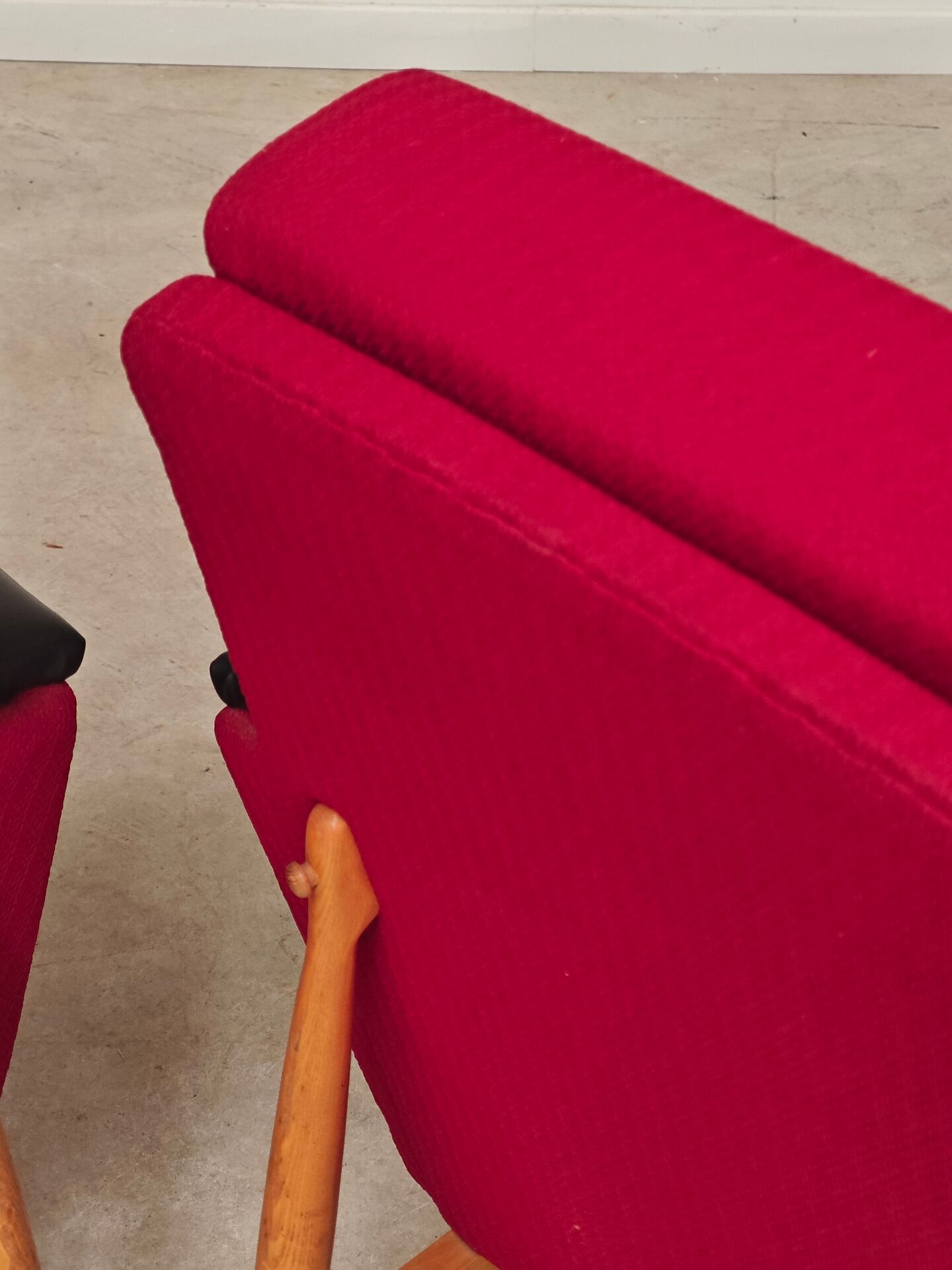 Pair of Drevotex Zamberk armchairs, red fabric and faux leather 1970