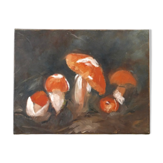 Tableau, peinture nature morte aux champignons, années 70