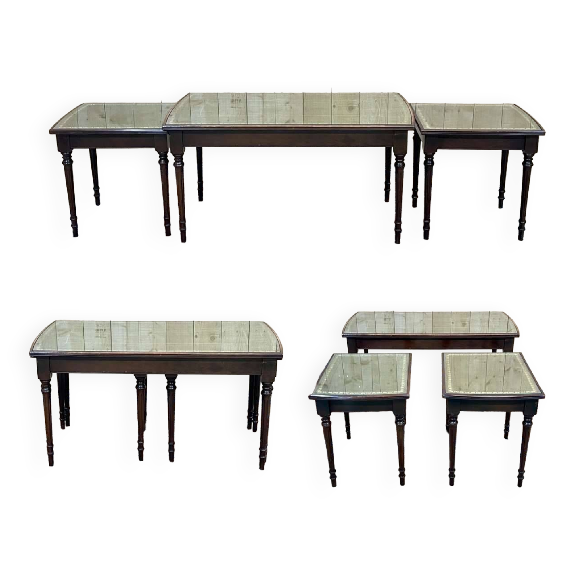 English nesting tables in mahogany and leather top under glass - work from the 1950s