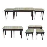 English nesting tables in mahogany and leather top under glass - work from the 1950s