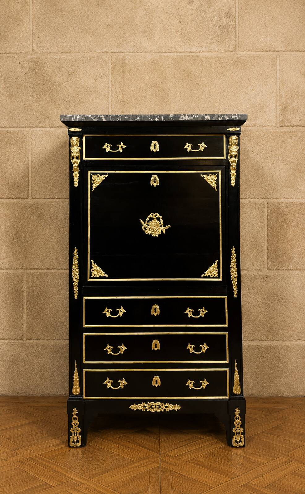 Secretary with a black lacquered drop-leaf and gilded bronzes – Boulle style