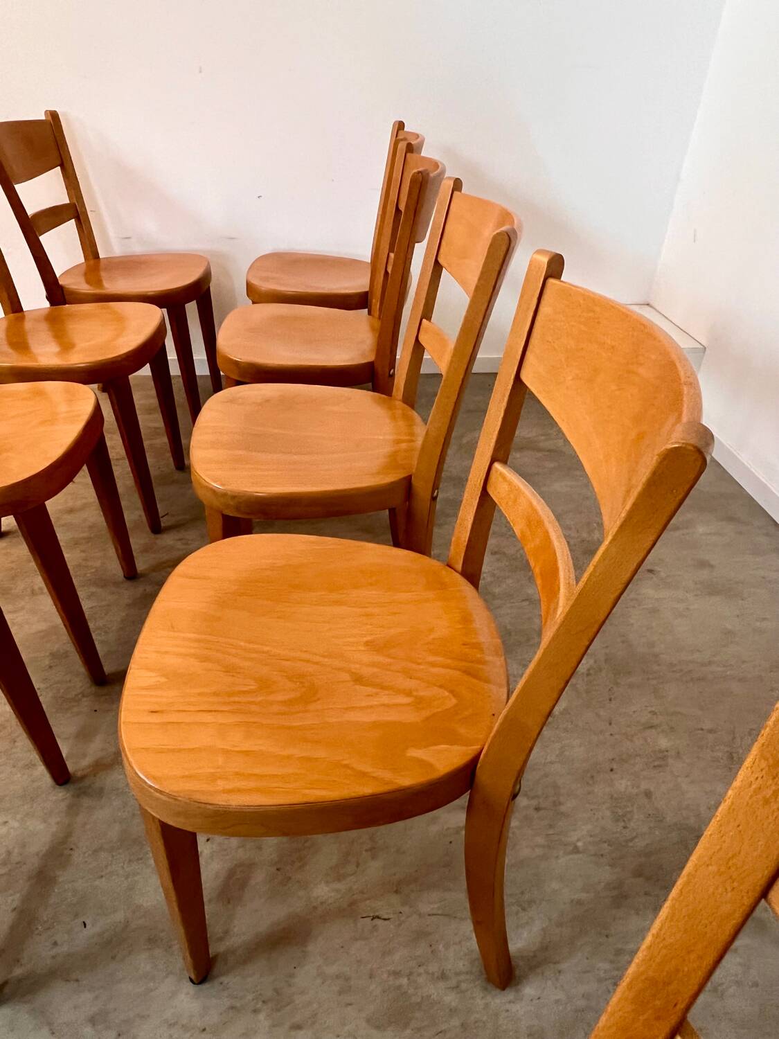 Set of 9 vintage wooden bistro chairs designed by Horgen Glarus
