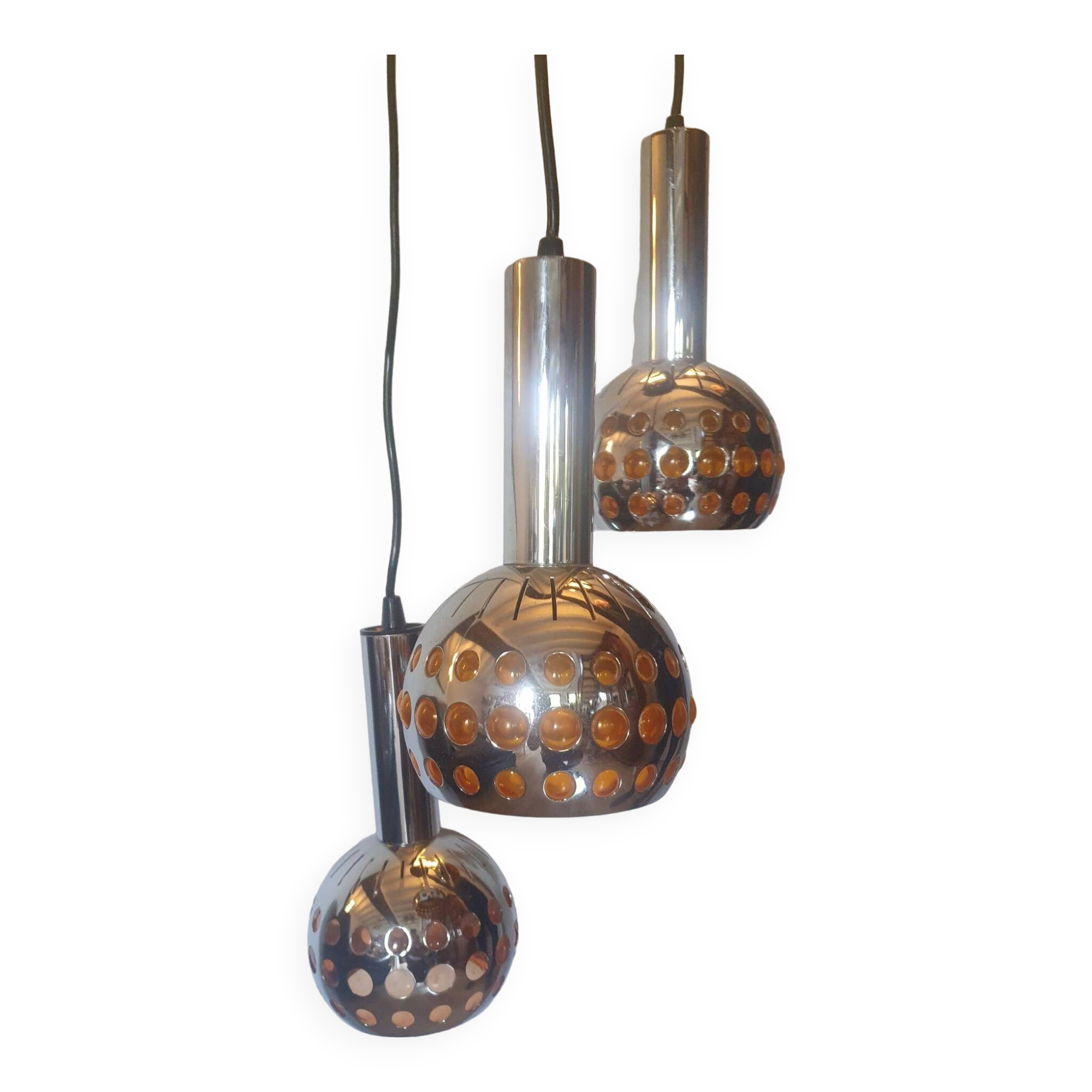 Raak three-light space age orange pendant lamp, 1970s, Netherlands