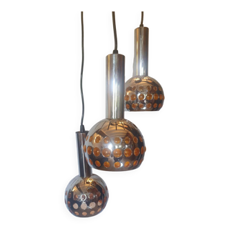 Raak space age orange three-light pendant light, 1970s Netherlands