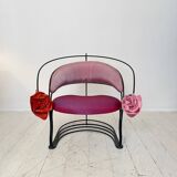 Postmodern Sculptural Armchair in Black Metal and Pink Red Silk Padding, 1980