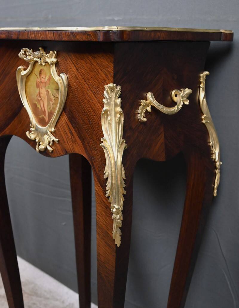 Small working coffee table in marquetry, Louis XV style – late 19th century.