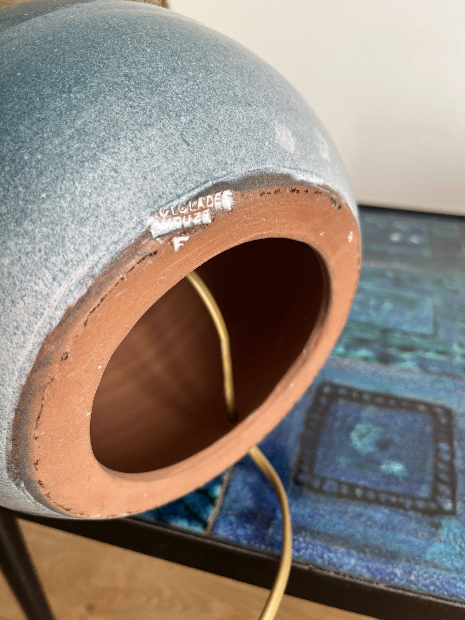 Blue enameled ceramic lamp by Roland Zobel, Les Cyclades workshop