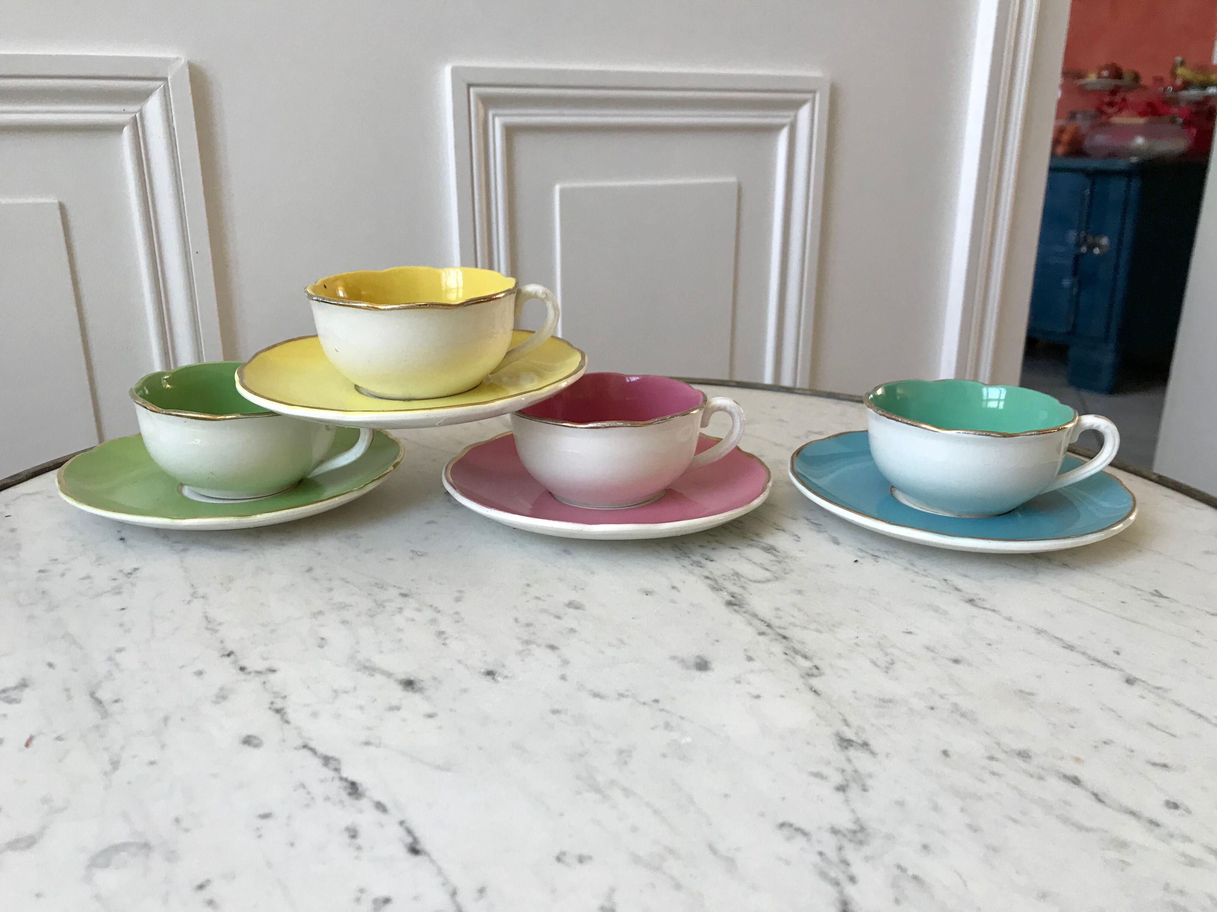 Set of 4 cups Digoin Sarreguemines pastel years 50-60