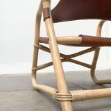 Mid-century safari lounge chair in bamboo and Danish leather, 1960s.