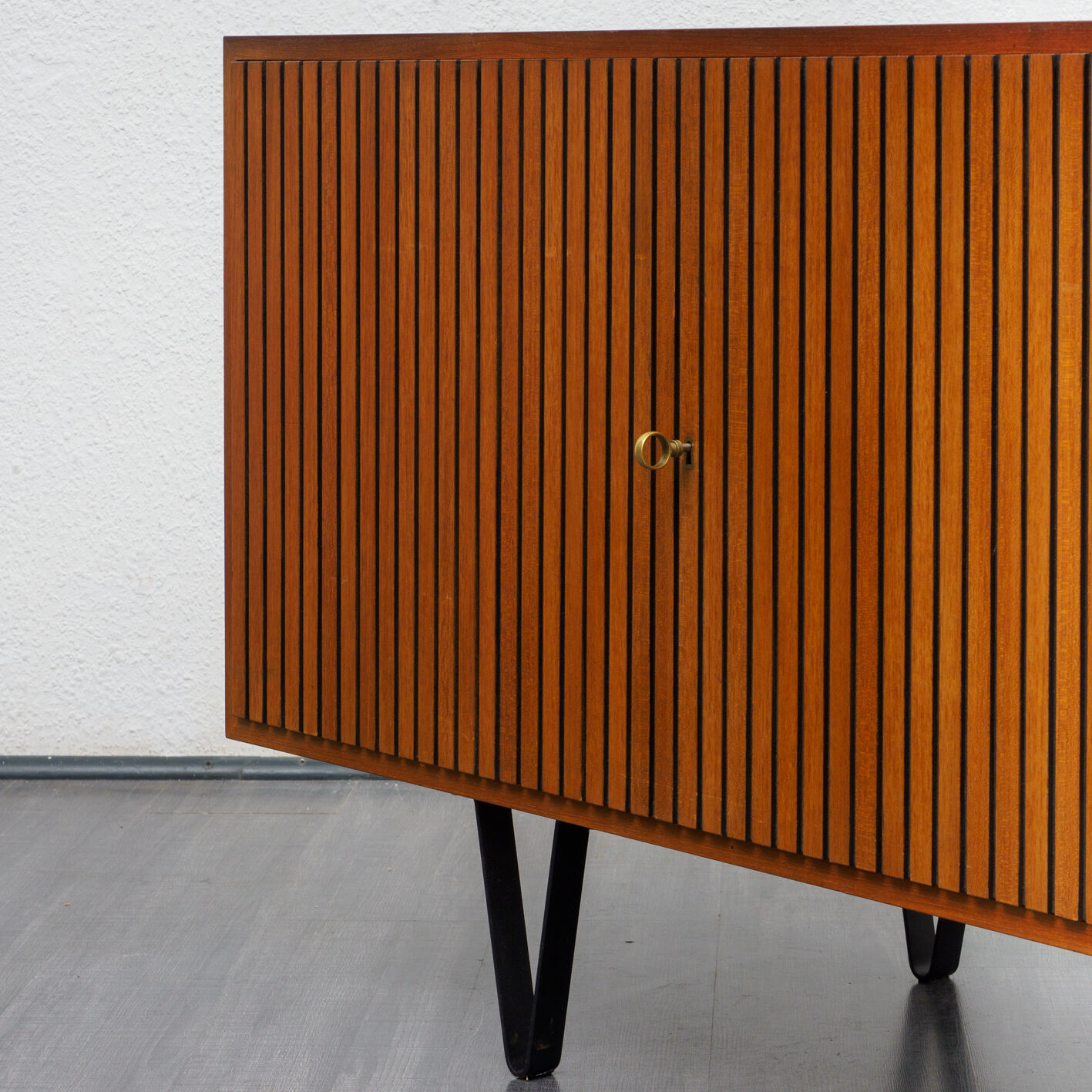 Sideboard 60 years, teak, metal legs, doors striated