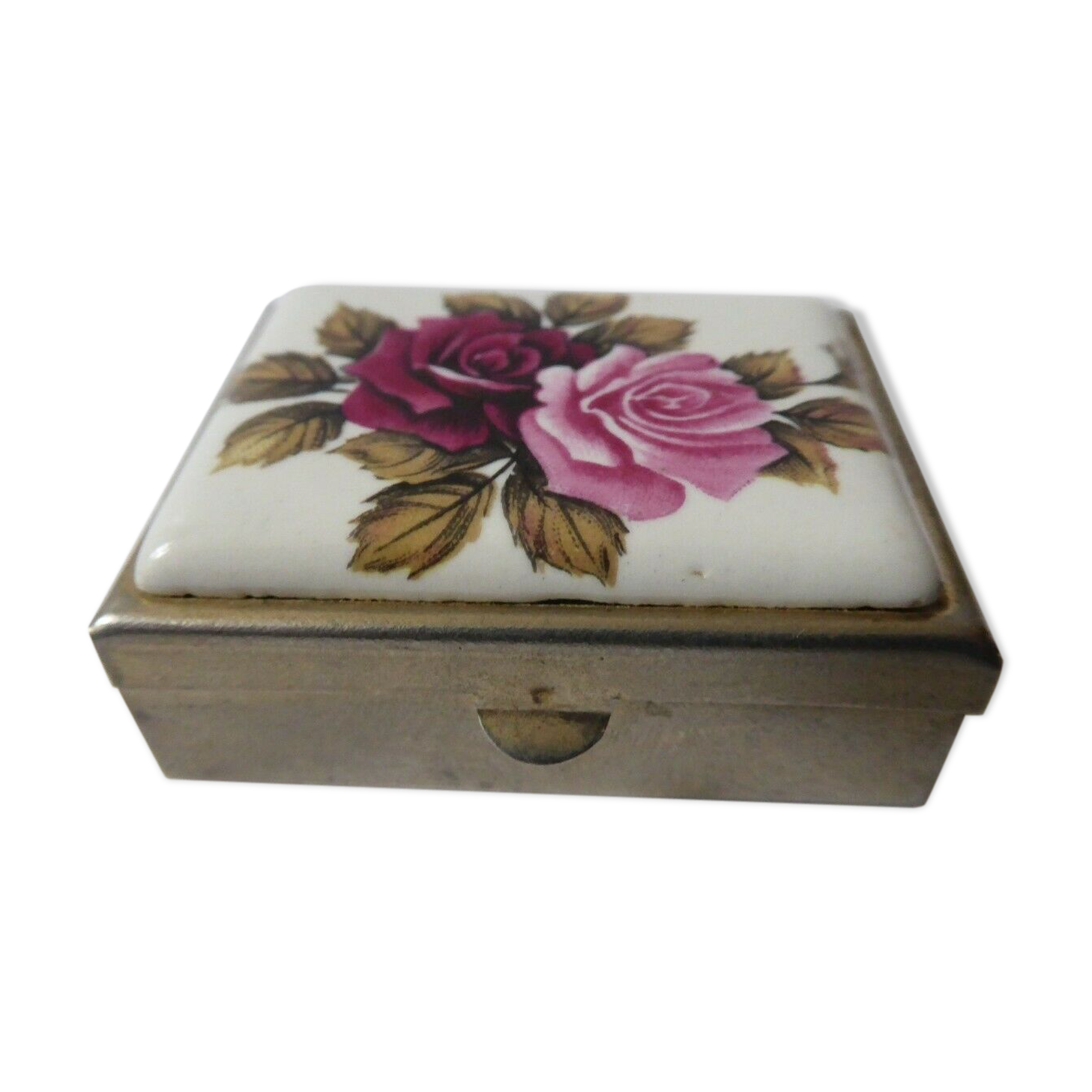 Metal and porcelain pill box roses decorations