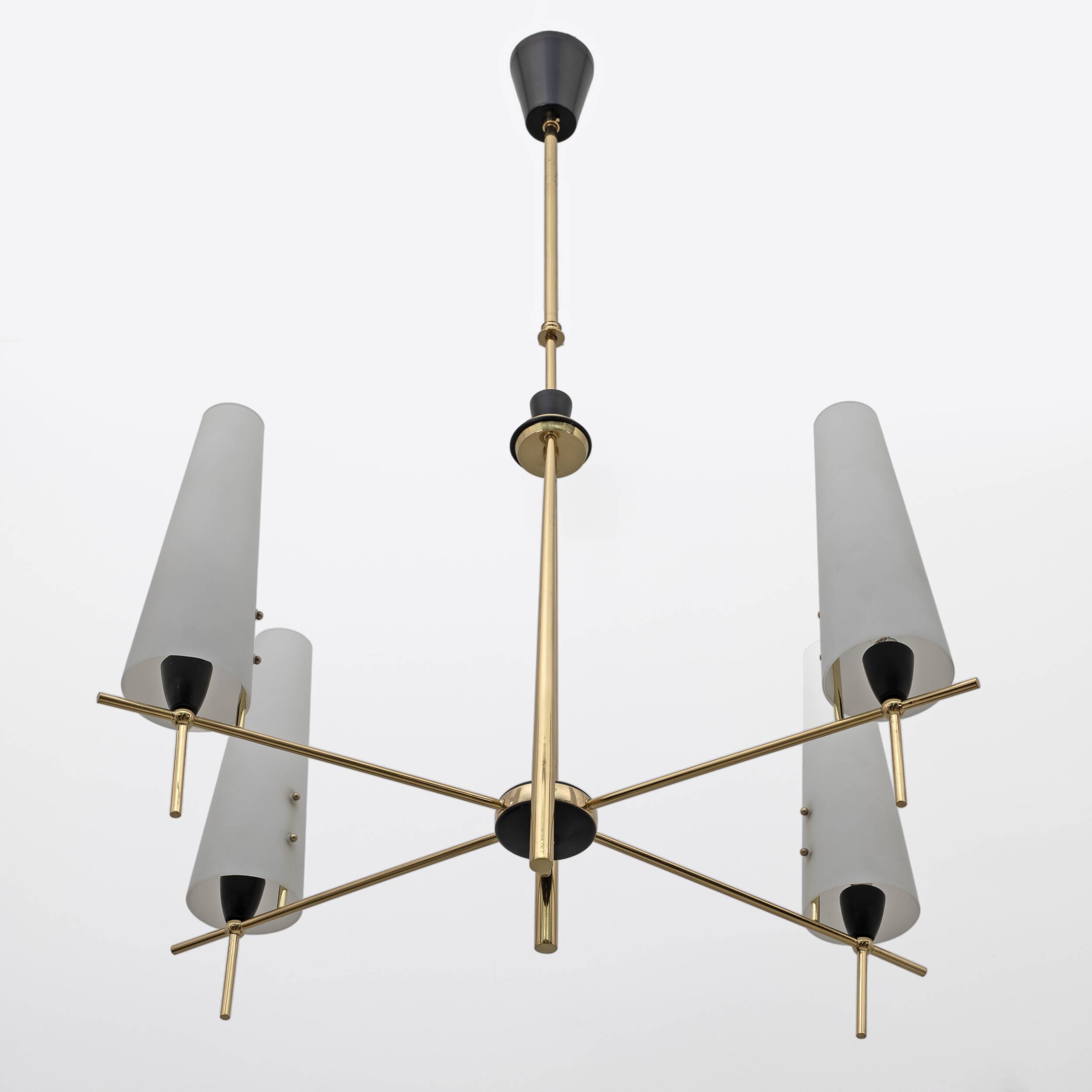 Stilnovo Style Mid-century Modern Italian Brass and Opaline Glass Chandelie
