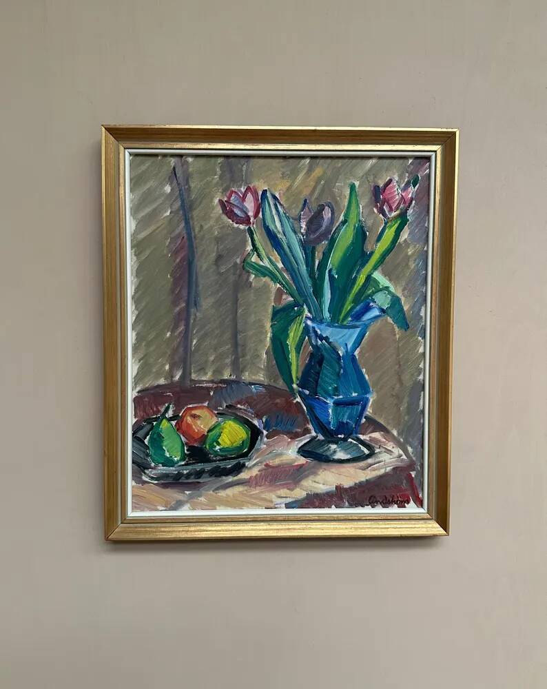 Original Swedish Oil on Canvas - 'Tulips' by Knut Lindström - Signed - Dated 1966 - Framed